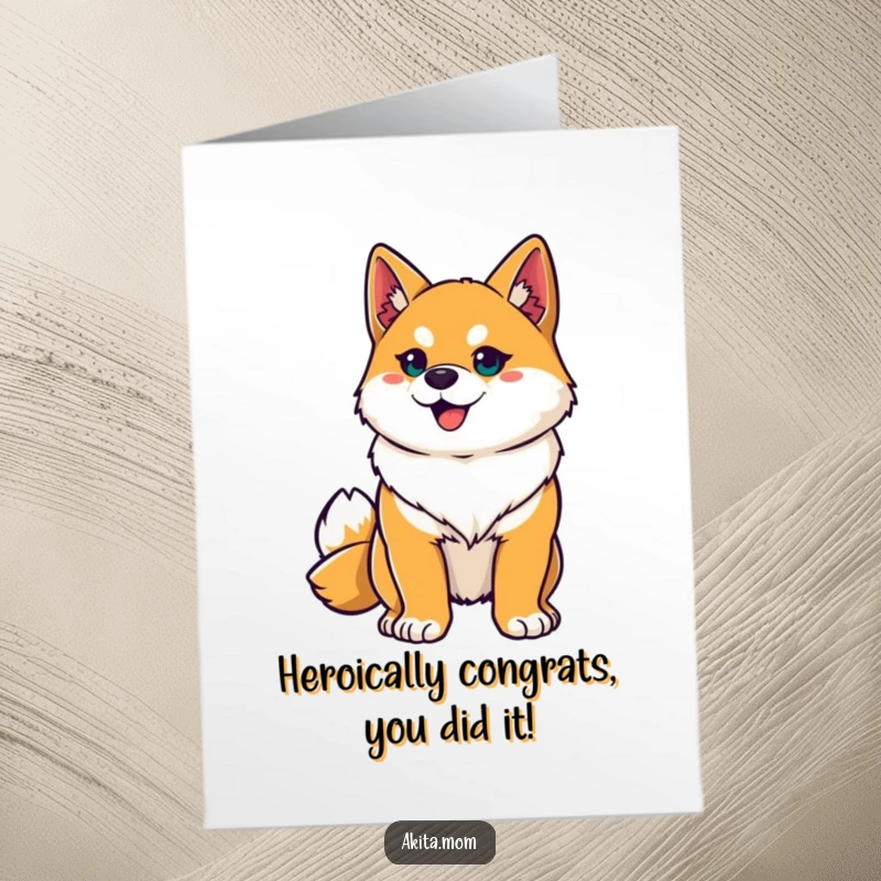 Funny Free Printable Akita Congratulations Card: Proud dog striking a heroic pose, ears alert, celebrating a grand success.