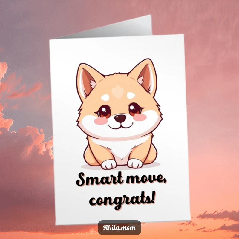 Funny Free Printable Congrats Card: Kawaii Akita with bright, intelligent eyes, thoughtfully observing the scene.