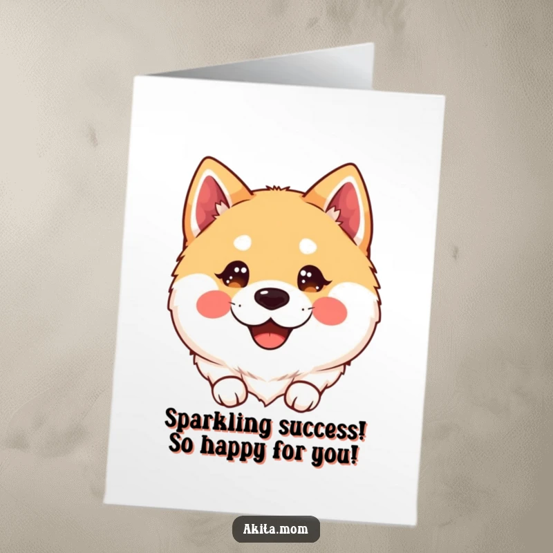 Free Printable Kawaii Congratulations Card: A beaming Akita dog with sparkling eyes, conveying pure happiness and excitement.