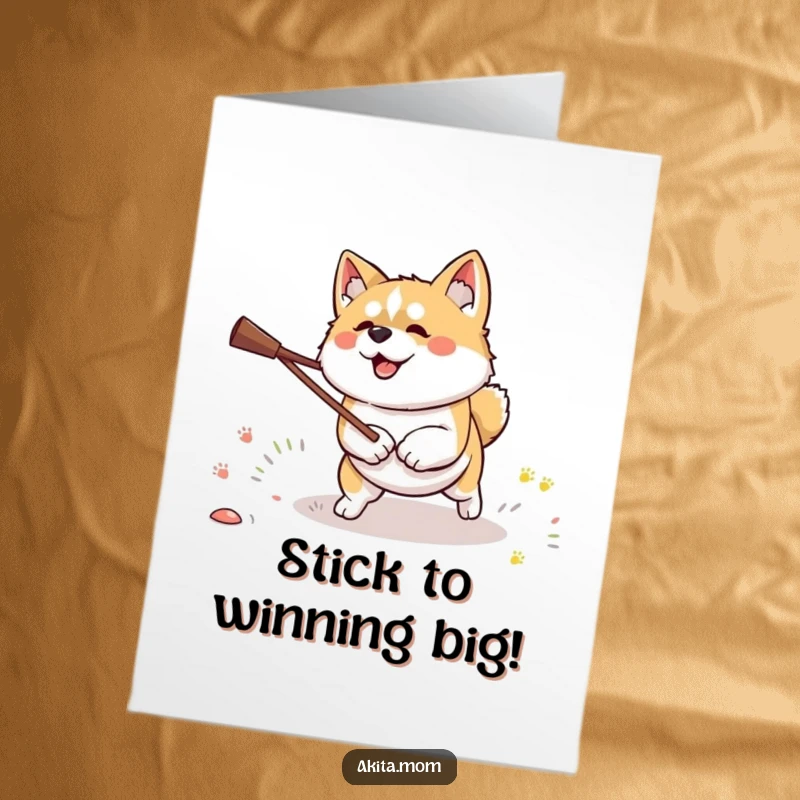 Funny Free Printable Kawaii Akita dog determinedly fetching a stick, symbolizing accomplishment for congratulations.