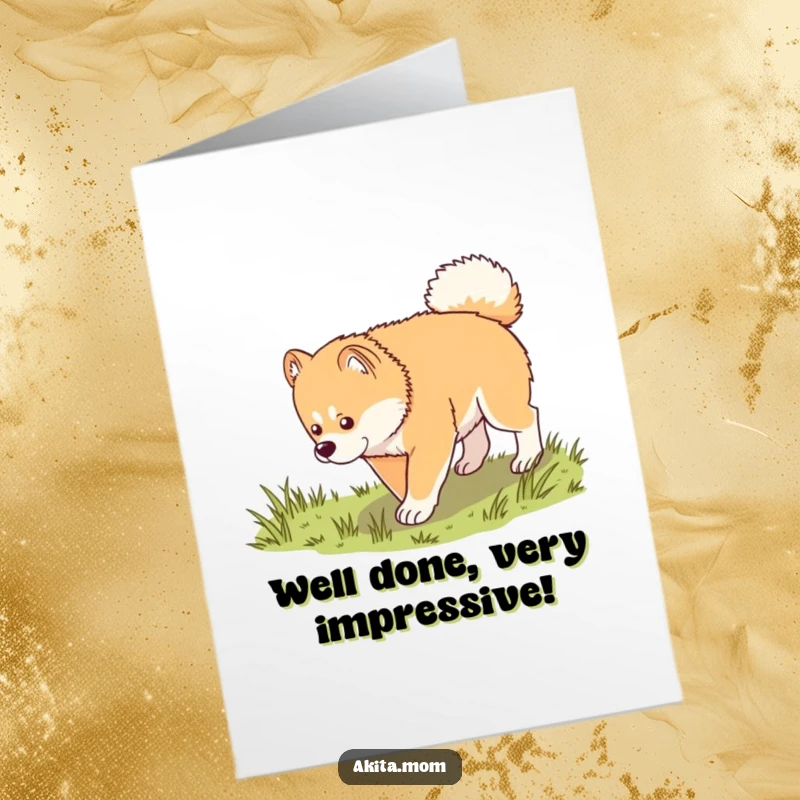 Funny Free Printable Congratulations Card: A dignified kawaii Akita dog trotting through grass, exploring new paths.