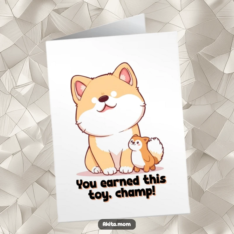 Funny Free Printable Congrats Card: An intelligent Akita with a curious head tilt, observing a toy with keen interest.