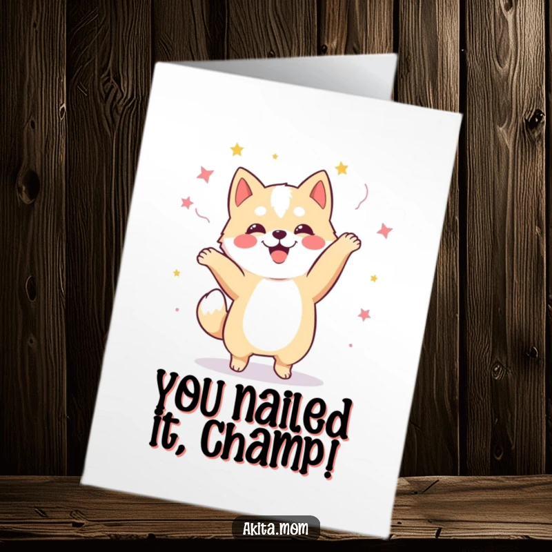 Funny Free Printable Kawaii Akita dog doing a joyous celebratory dance, holding a small party hat, perfect for congratulations.
