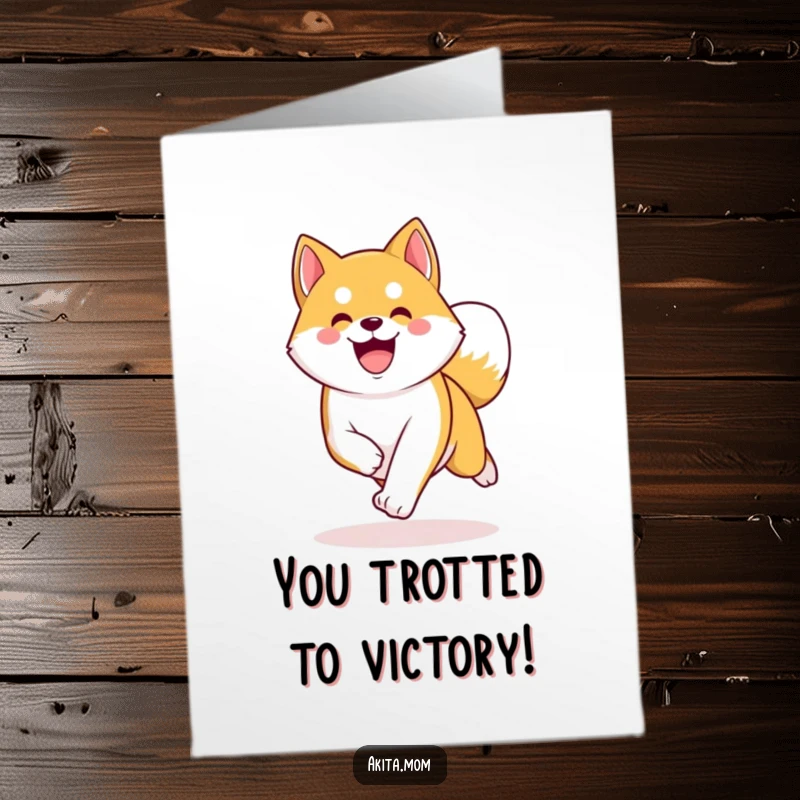 Funny Free Printable Congrats Card: A Kawaii Akita trots happily, its curved tail showing pure excitement and celebration.