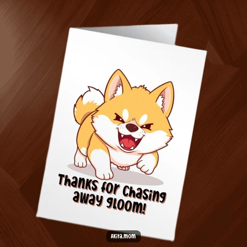 Funny Free Printable Akita Thank You Card: Cute Kawaii Akita playfully pouncing, a shadow chase turned into a heartfelt thank you.