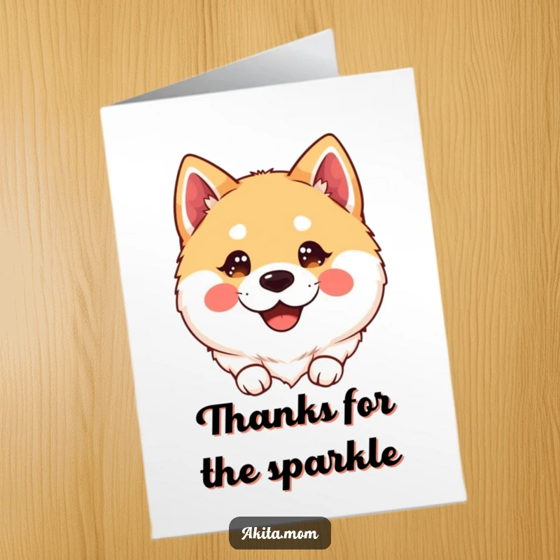 Free Printable Kawaii Thank You Card: A darling Akita dog with sparkling eyes and a happy smile, offering thanks.