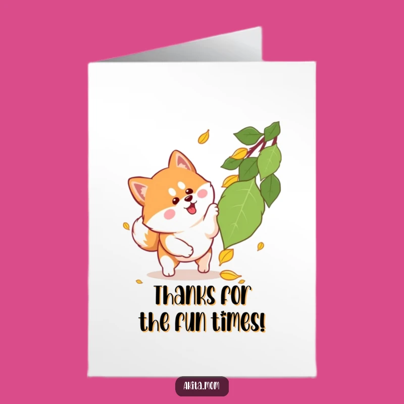 Free Printable Thank You Card: Funny Kawaii Akita Pouncing Leaf, Downloadable Appreciation Gift