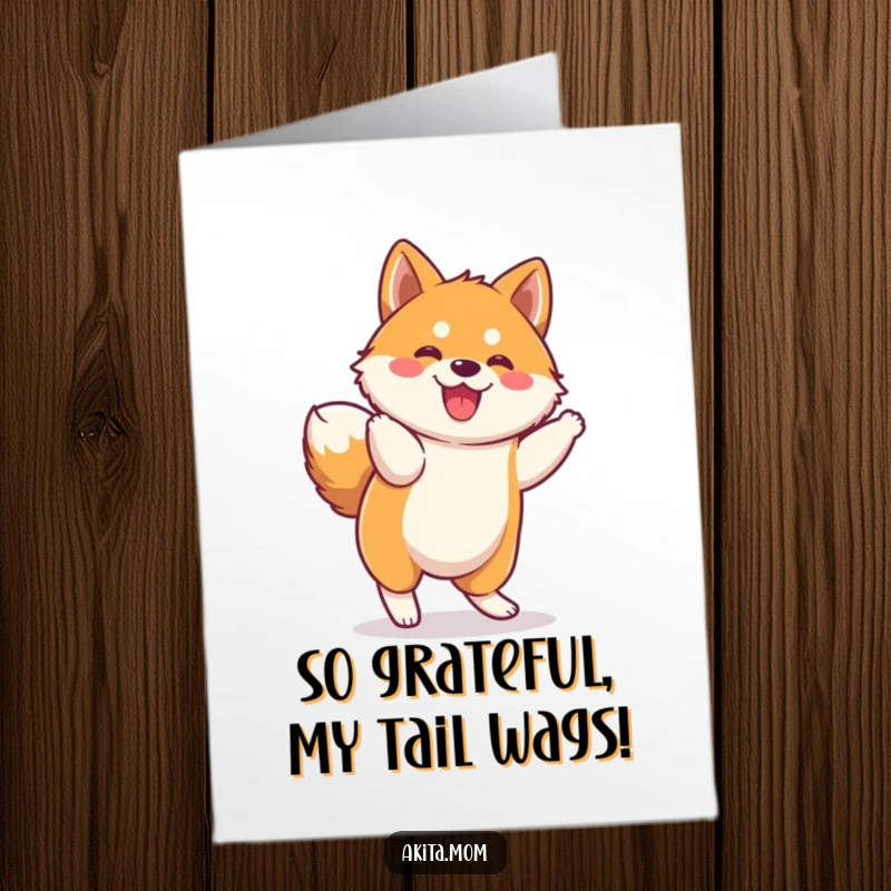Funny Free Printable Thank You Card: Charming kawaii Akita in a spirited prance, conveying thanks with playful energy and humor.