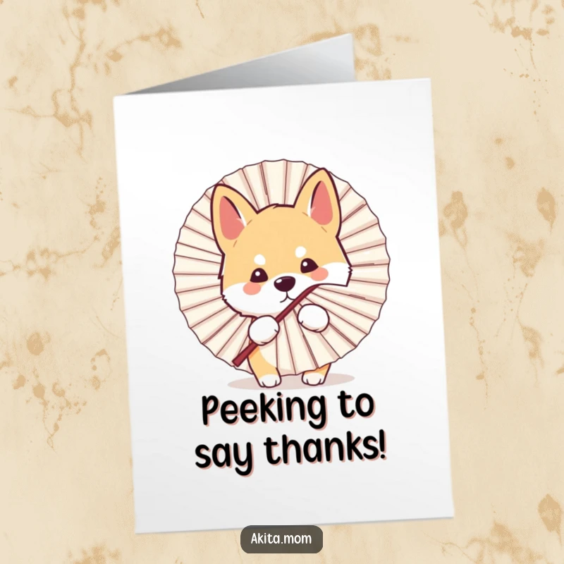 Funny Free Printable Thank You Card: Kawaii Akita dog peeking from behind a fan, offering a sweet and surprising thank you.