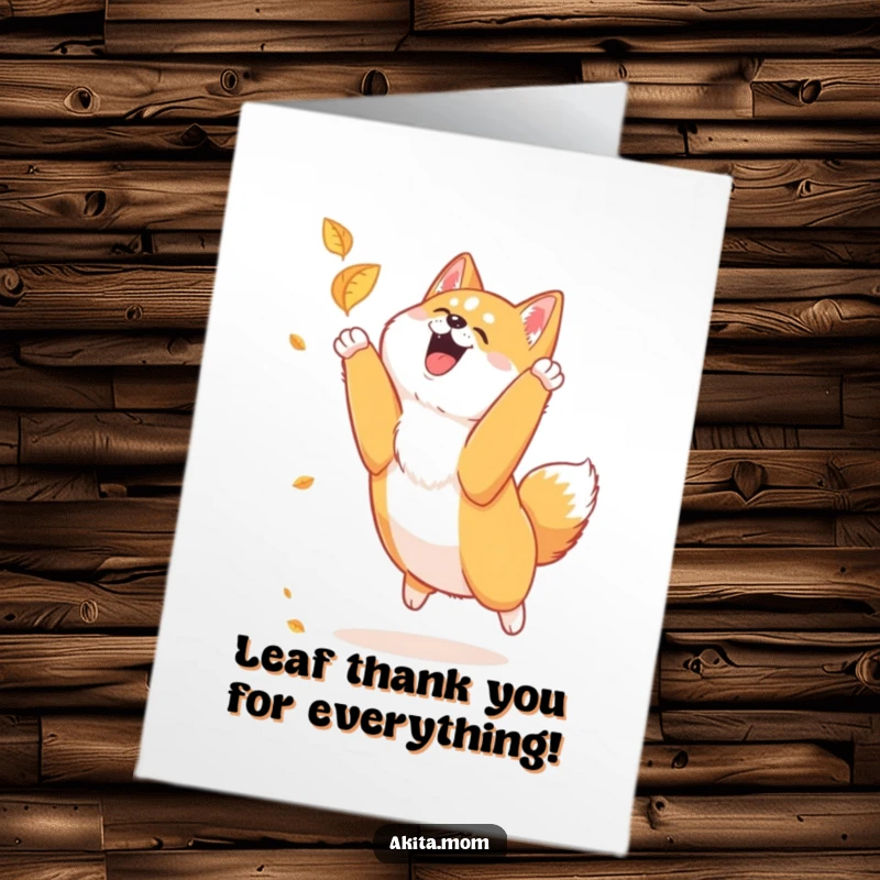 Funny Free Printable Akita Thank You Card: Loyal dog joyfully leaping to catch a falling leaf, expressing thanks.