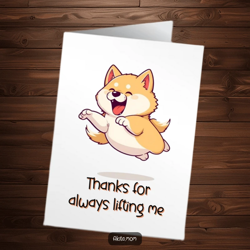 Funny Free Printable Thank You Card: An Akita caught mid-leap, powerful and playful, expressing sincere thanks with zest.