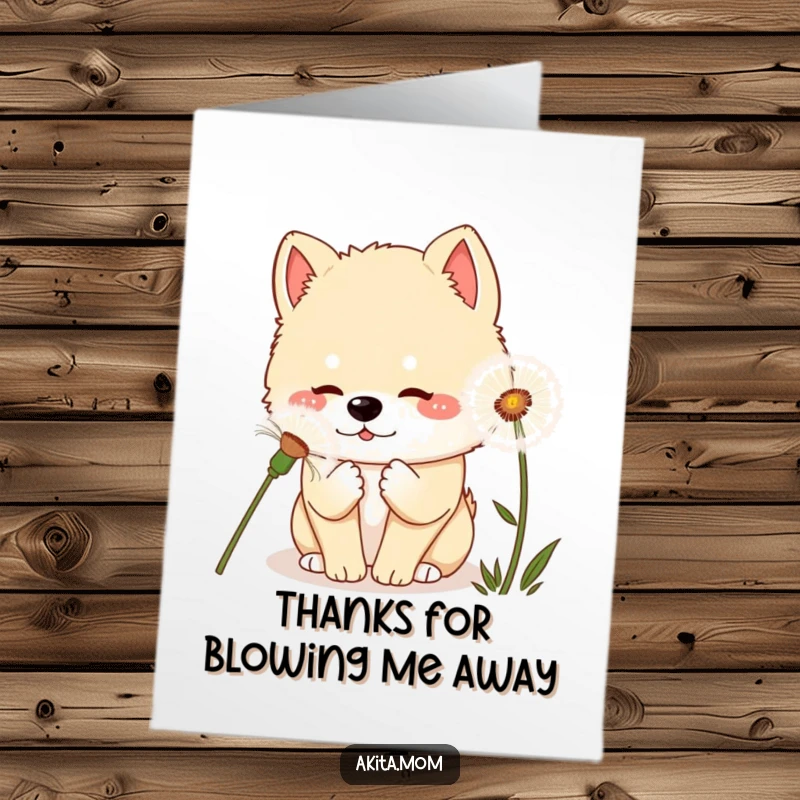 Free Printable Kawaii Thank You Card: An Akita dog curiously sniffing a large dandelion, conveying gentle curiosity and thanks.