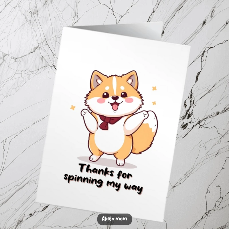 Funny Free Printable Thank You Card: Kawaii Akita doing a dignified cheerful spin, expressing gratitude.