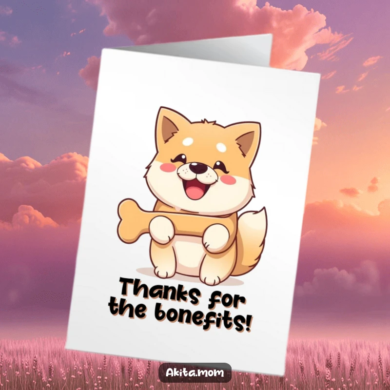 Funny Free Printable Kawaii Akita dog with a wide smile, clutching a bone, perfect for a thank you card.