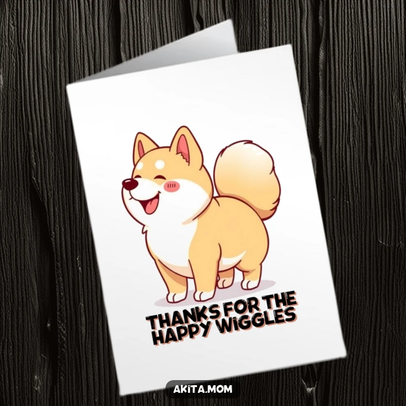 Funny Free Printable Akita Thank You Card: Kawaii Akita doing a happy wiggle, tail curled, conveying thanks with enthusiasm.