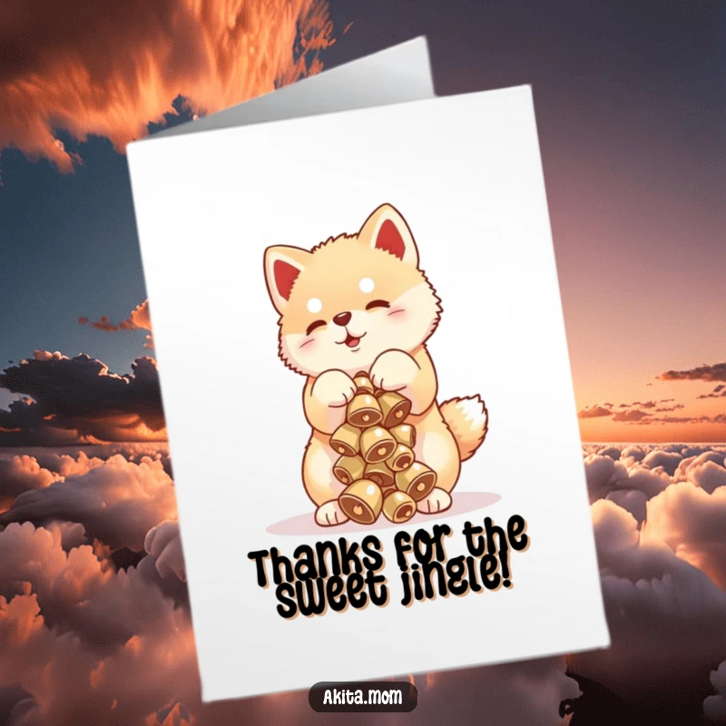 Funny Free Printable Thank You Card with a cute Akita cub holding a precarious stack of bells.