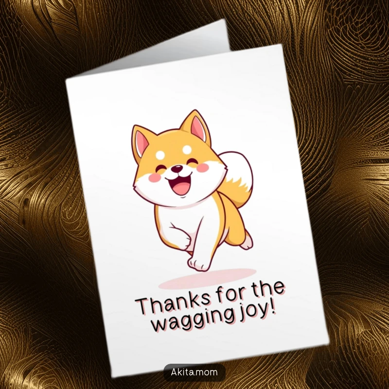 Funny Free Printable Thank You Card: A Kawaii Akita happily trots along, its curved tail a symbol of pure delight.