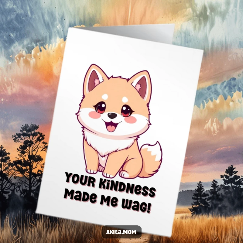 Funny Free Printable Akita Thank You Card: Eager dog offering thanks with a happy wag, bright eyes full of gratitude, downloadable.