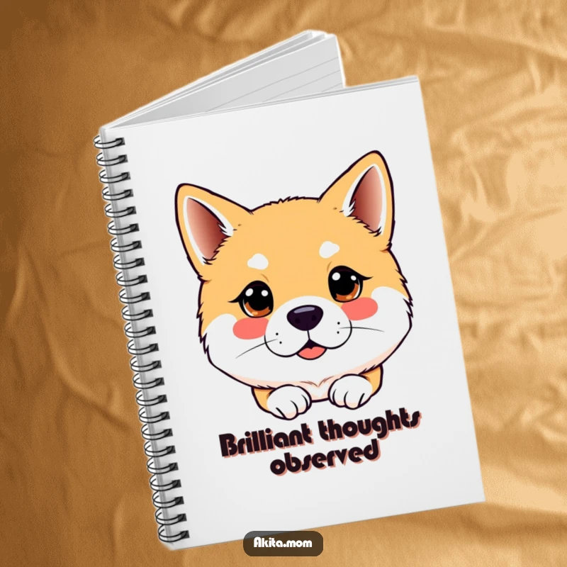 Funny Kawaii Akita dog notebook, with a bright, attentive gaze, perfect for jotting down thoughts with sharp focus and humor.