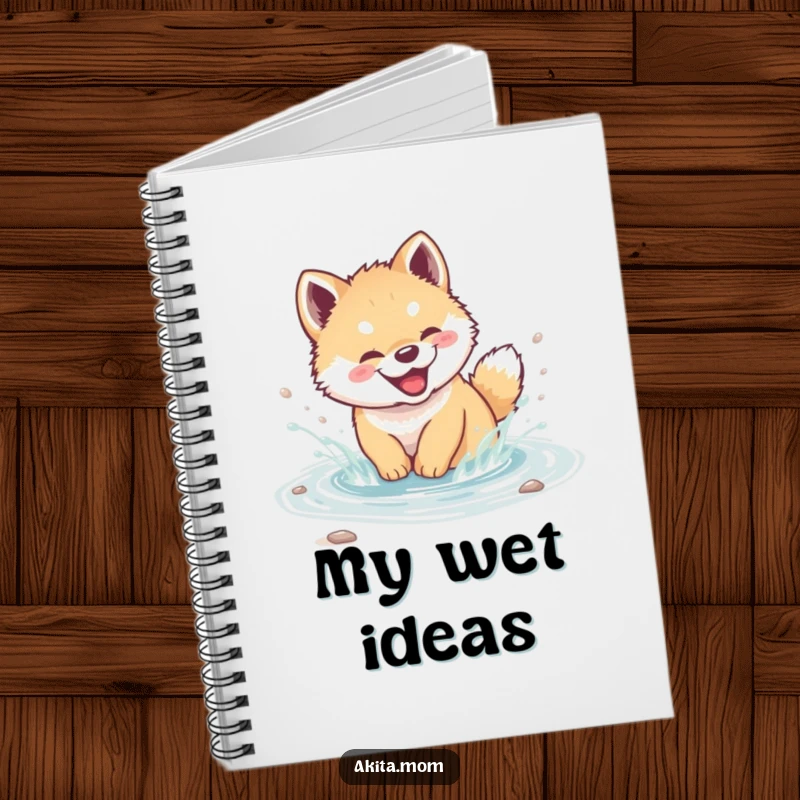 Funny Akita cub notebook with a cute puppy giggling and splashing in a stream, perfect for jotting down thoughts with charm.