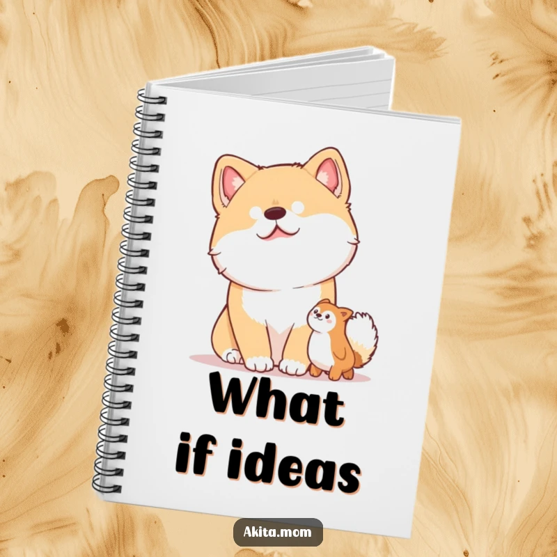 Funny notebook cover featuring an Akita dog with a distinctive head tilt, looking curiously at a fun toy.