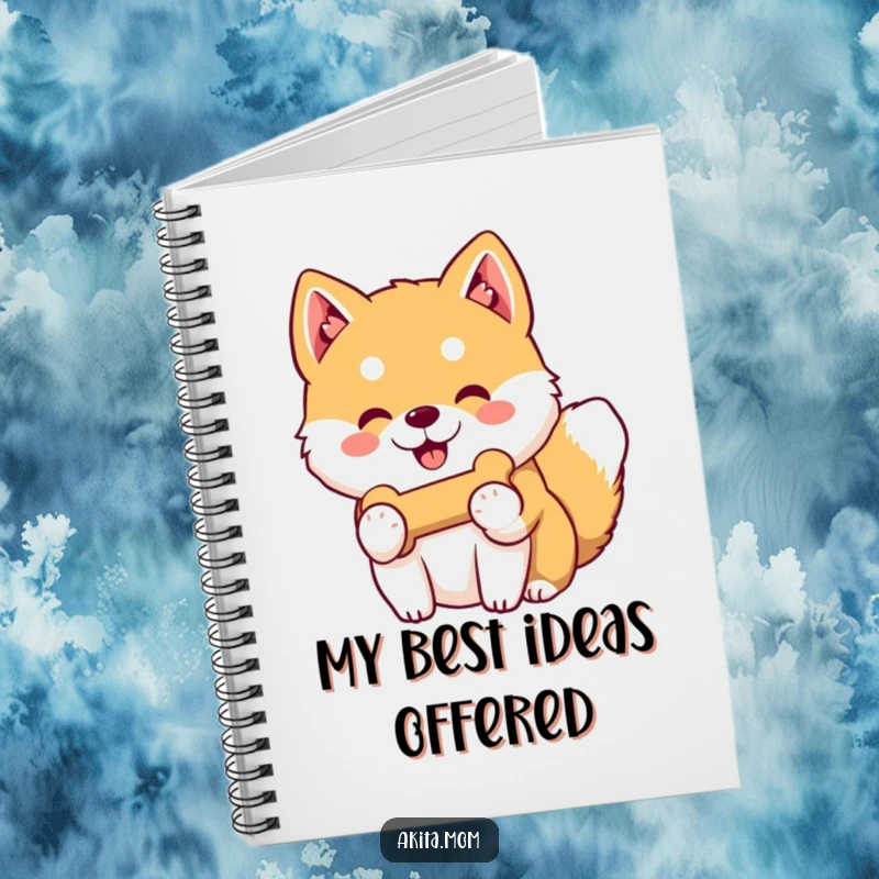 Funny Kawaii Akita notebook cover with a gentle-smiling dog offering its favorite toy bone, inspiring acts of kindness and sharing.