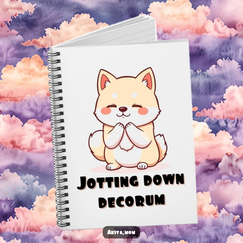 Funny Kawaii Akita notebook cover with a dog in a dignified posture bowing politely, encouraging thoughtful and graceful note-taking.