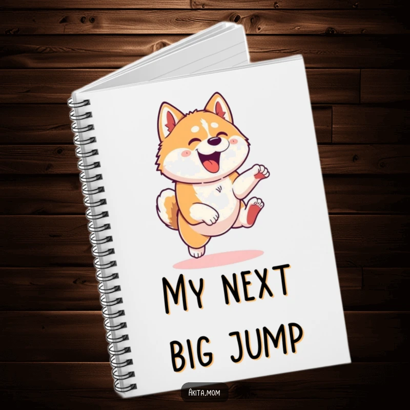 Funny Kawaii Akita dog notebook, illustrating a playful leap, providing a space for writing filled with energy and humor.