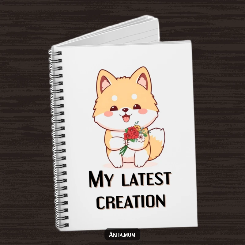 Funny Kawaii Akita notebook cover with a proud dog carrying a small bouquet of flowers, perfect for jotting down proud moments.