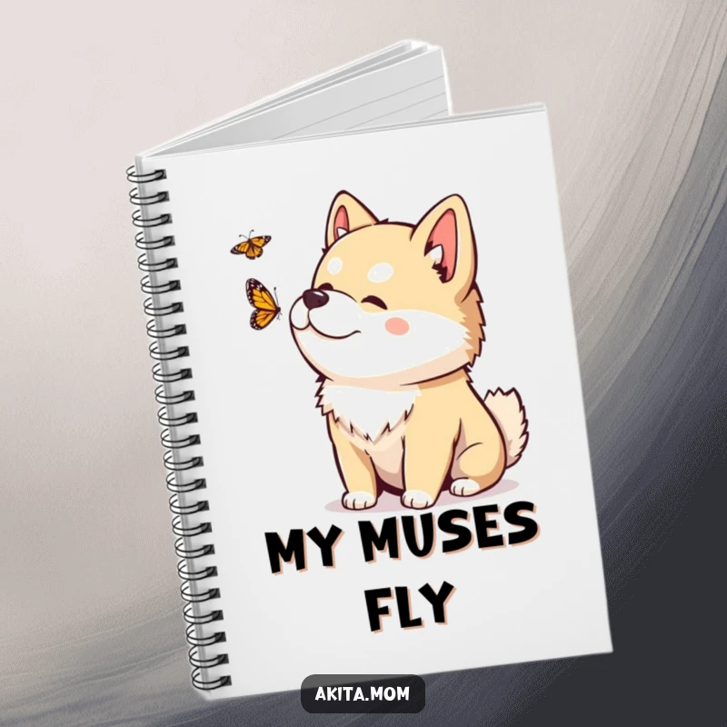 Funny Kawaii Akita notebook with a playful head tilt, observing a fluttering butterfly, ready to record inspired thoughts.
