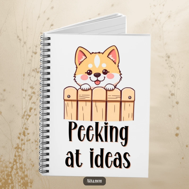 Funny Kawaii Akita notebook cover shows a cute dog looking curiously over a fence, ideal for jotting down thoughts.