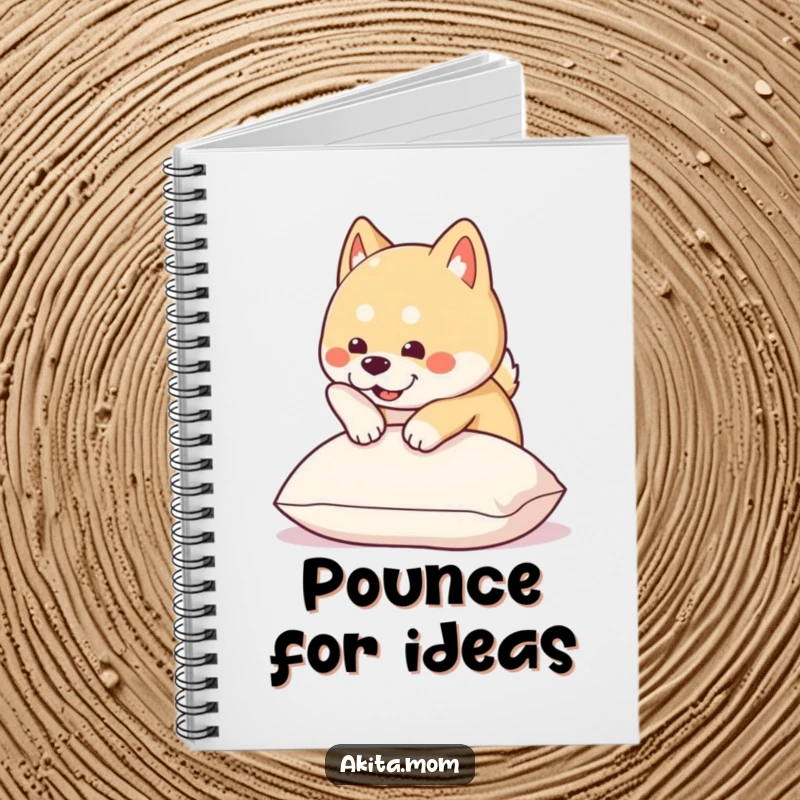 Funny Kawaii Akita notebook cover shows a cute dog energetically pouncing onto a soft pillow, ideal for jotting down ideas.