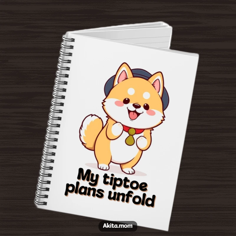 Funny Kawaii Akita Notebook, a happy dog performing a dignified, joyful tiptoe, perfect for journaling, excellent funny gift.
