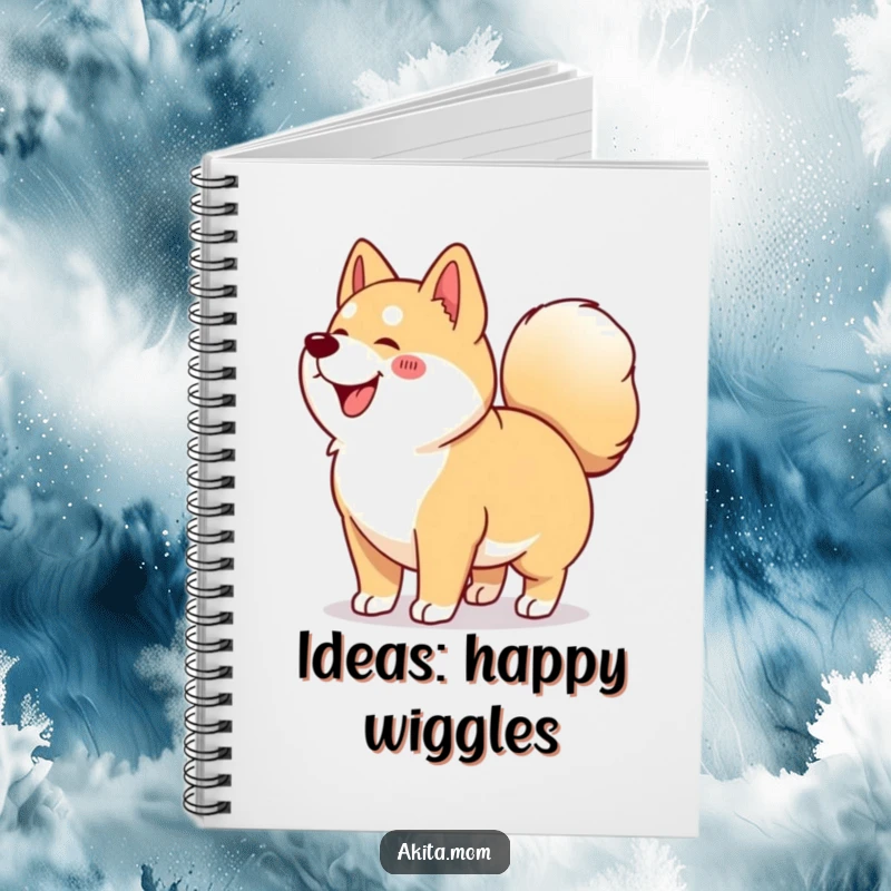 Funny Kawaii Akita notebook featuring a happy dog in a full wiggle, its curled tail wagging with enthusiasm for note-taking.