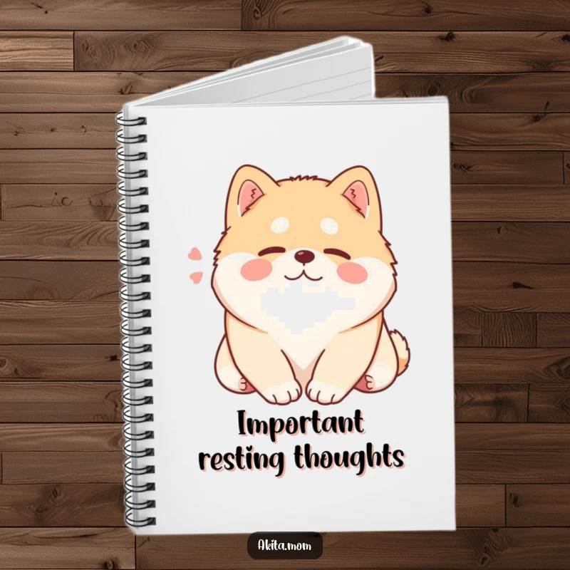Funny Kawaii Akita notebook, a content dog sighing while resting its head, perfect for journaling peace.