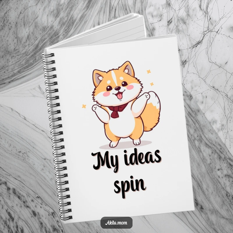 Funny Kawaii Akita Notebook, a cute dog performing a dignified yet cheerful spin, a humorous and inspiring journal.