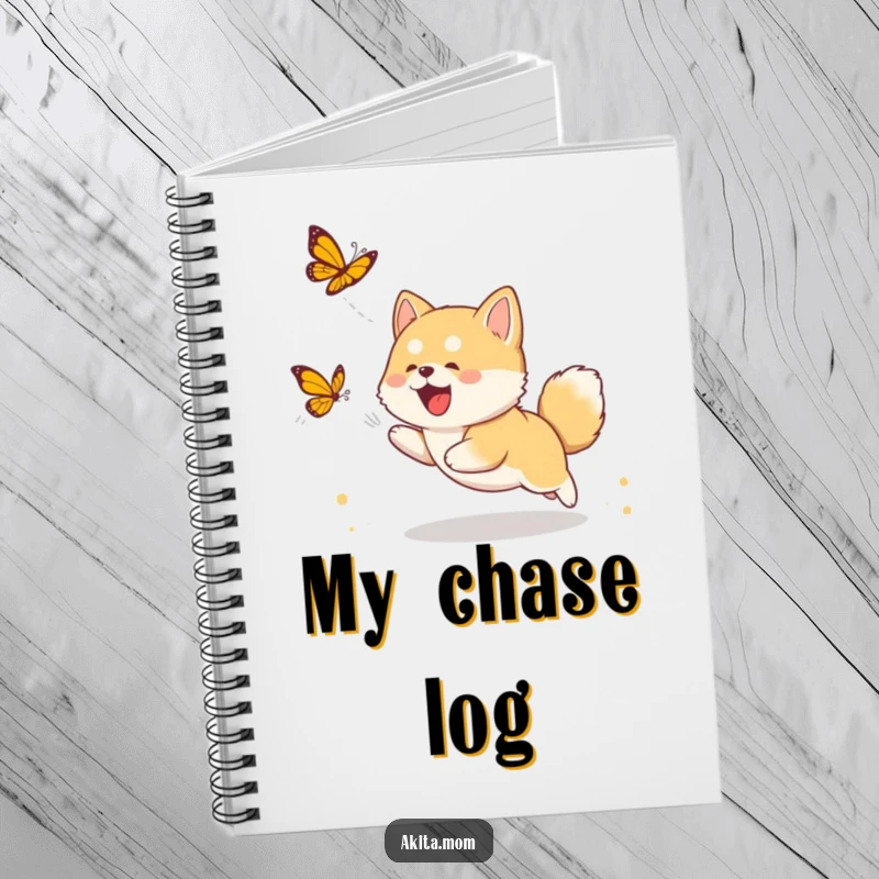 Funny Akita cub notebook with a cute puppy chasing a butterfly, designed for jotting down notes with a touch of puppy charm.