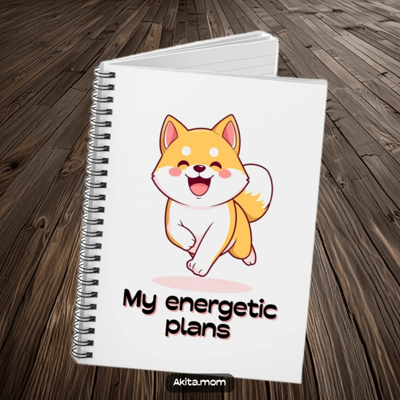 Funny Kawaii Akita notebook, a happy dog energetically trotting with a curved tail, perfect for journaling.