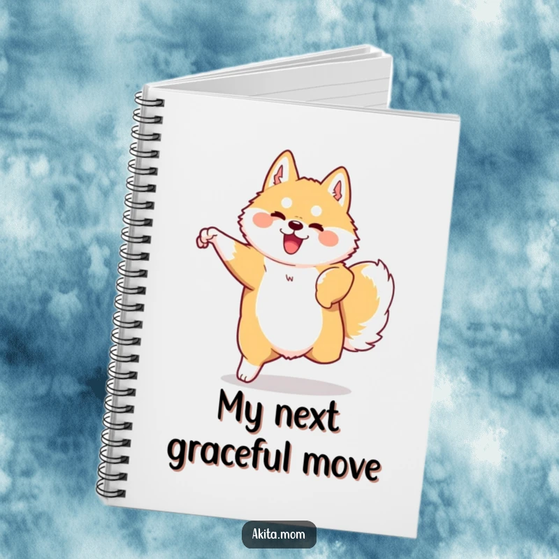 Funny Kawaii Akita notebook showing a dog in graceful, swift movement. Humorous journal for Akita lovers.