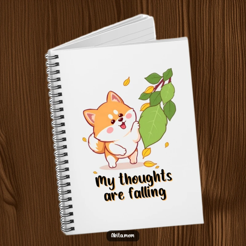Funny Kawaii Akita notebook cover with a cute dog with alert ears playfully pouncing on a falling autumn leaf, sparking joy in note-taking.