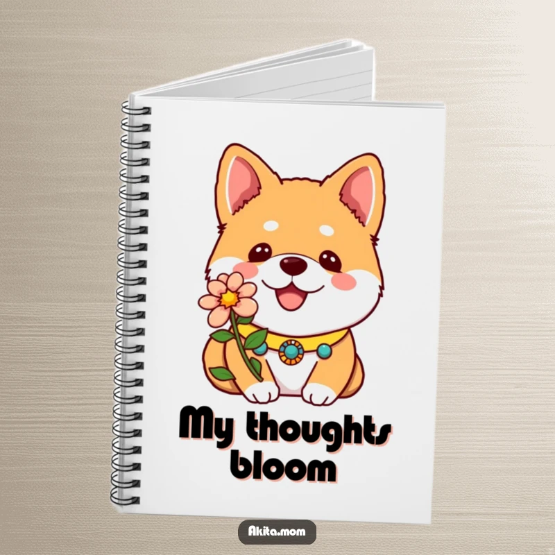 Funny Kawaii Akita Notebook with a decorative collar and one bright flower, a cute and inspiring dog journal for ideas.