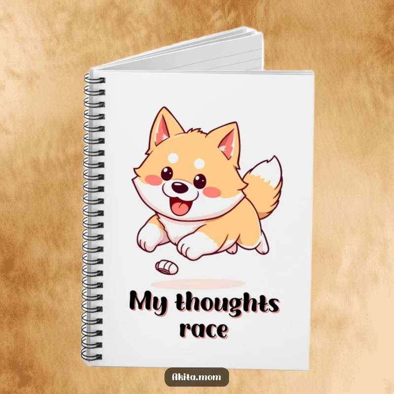 Funny Kawaii Akita notebook depicting a happy, bounding run with ears flying, perfect for capturing fast-paced thoughts.