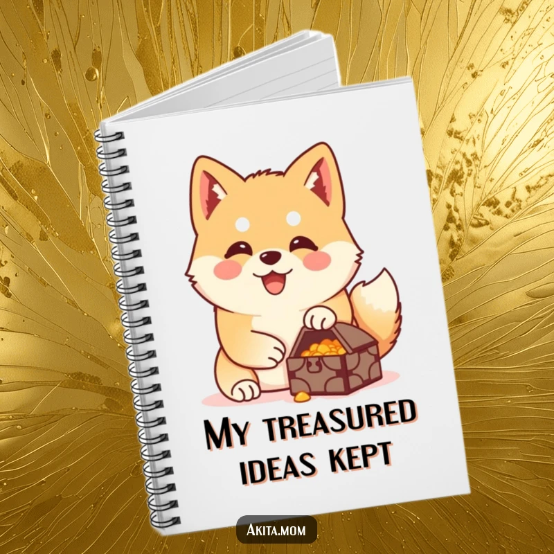 Funny Akita treasure guardian notebook with a happy Akita protectively guarding a small treasure, inspiring secure note-taking.