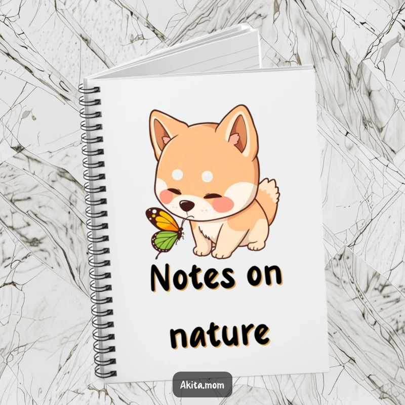 Funny Kawaii Akita dog notebook, depicting a curious sniff at a butterfly, perfect for jotting down thoughts with gentle, whimsical humor.