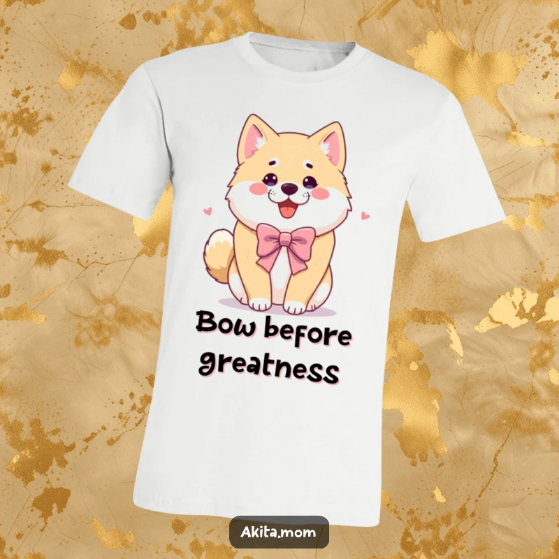 Funny Akita t-shirt showcasing a dog performing a playful and polite bow. Humorous design, great gift for dog fans.