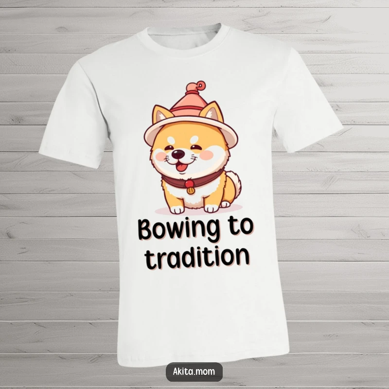 Funny Akita t-shirt depicting a dog wearing a tiny traditional Japanese hat. Culturally inspired humor, a great gift.