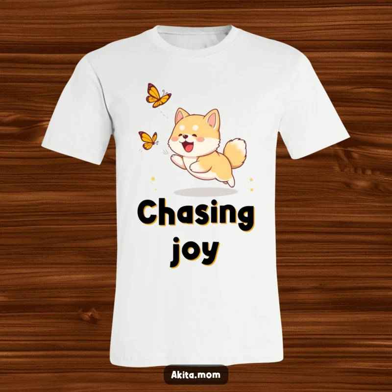 Funny Akita cub t-shirt showing a playful puppy enthusiastically chasing a butterfly, showcasing pure puppy joy and freedom.