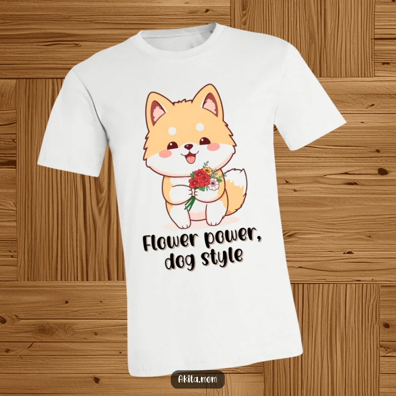 Funny Kawaii Akita t-shirt showing a proud dog carrying a delicate small bouquet of flowers, symbolizing love and appreciation.