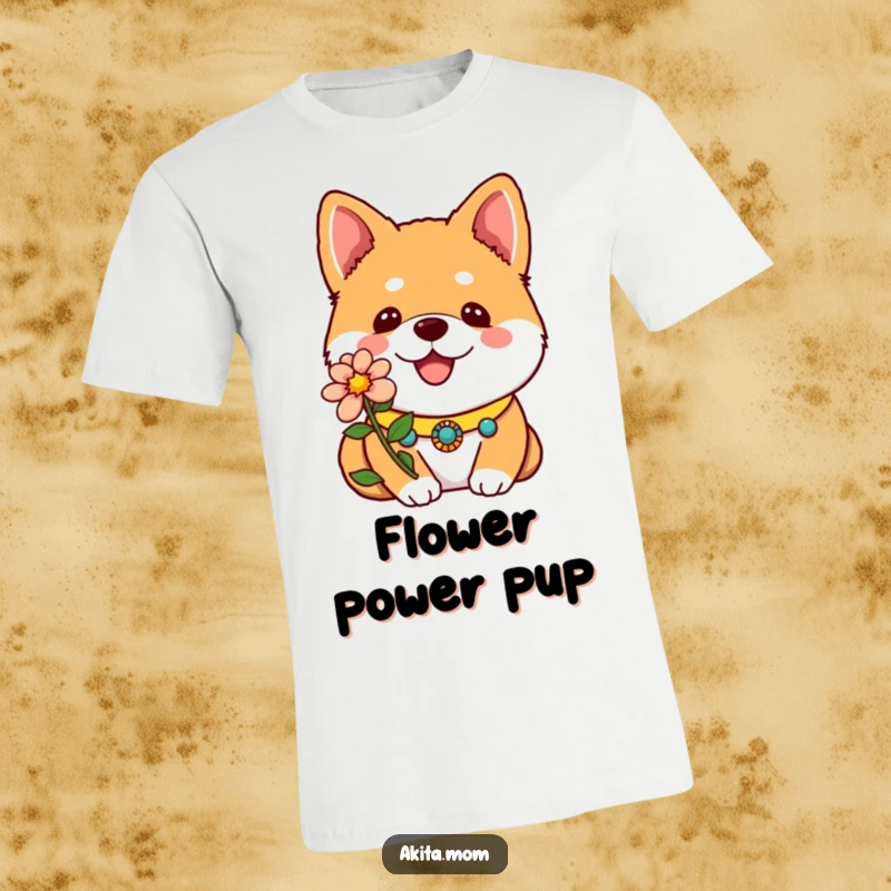 Funny Kawaii Akita T-Shirt with a decorative collar showing one bright flower, a cute and proud dog outfit for fans.