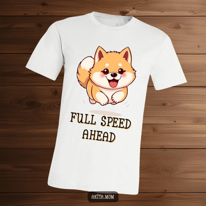 Funny Akita t-shirt showing a dog bounding forward with excitement. Humorous design, great gift for energetic people.